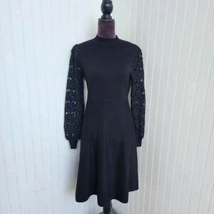 BIRCH NY Black Knit Sweater Dress Long Lace Sleeve Womens A-line Sz Small